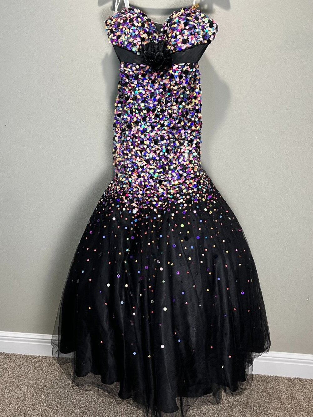Tiffany Designs Mermaid 80s style Prom Dress Colorful Sequin strapless Sz 8